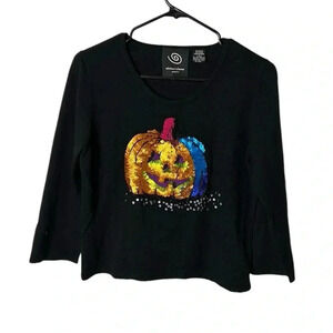 Michael Simon sweater Halloween Jack o Lantern pumpkin sequins,EC embroidered